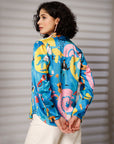 Turquoise Floral Opaque Printed Casual Buttoned Top