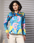 Turquoise Floral Opaque Printed Casual Buttoned Top