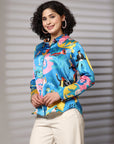 Turquoise Floral Opaque Printed Casual Buttoned Top