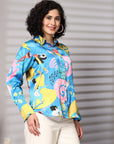 Turquoise Floral Opaque Printed Casual Buttoned Top