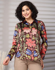 Black Floral Opaque Printed Casual Buttoned Top