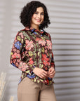 Black Floral Opaque Printed Casual Buttoned Top