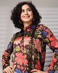 Black Floral Opaque Printed Casual Buttoned Top