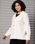 Solid Cream Cotton Long Sleeve Jacket