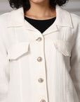 Solid Cream Cotton Long Sleeve Jacket