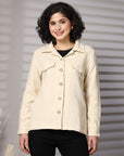 Solid beige Cotton Long Sleeve Jacket