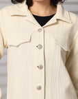 Solid beige Cotton Long Sleeve Jacket
