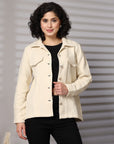 Solid beige Cotton Long Sleeve Jacket
