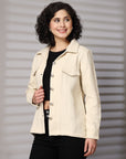Solid beige Cotton Long Sleeve Jacket
