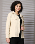 Solid beige Cotton Long Sleeve Jacket