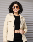 Solid beige Cotton Long Sleeve Jacket