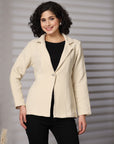 Solid Beige Cotton Single-Breasted Blazers