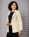 Solid Beige Cotton Single-Breasted Blazers