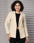 Solid Beige Cotton Single-Breasted Blazers