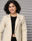 Solid Beige Cotton Single-Breasted Blazers