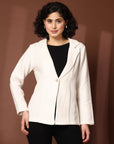 Solid Cream Cotton Single-Breasted Blazers