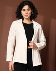 Solid Cream Cotton Single-Breasted Blazers