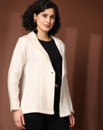 Solid Cream Cotton Single-Breasted Blazers