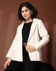 Solid Cream Cotton Single-Breasted Blazers