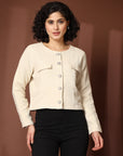 Solid Beige Black Solid Cotton Blazer