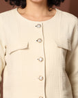 Solid Beige Black Solid Cotton Blazer