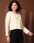 Solid Beige Black Solid Cotton Blazer