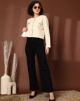 Solid Beige Black Solid Cotton Blazer