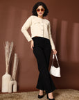 Solid Beige Black Solid Cotton Blazer