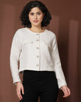 Solid Cream Black Solid Cotton Blazer