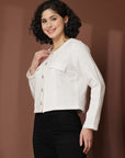 Solid Cream Black Solid Cotton Blazer