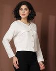 Solid Cream Black Solid Cotton Blazer