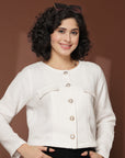 Solid Cream Black Solid Cotton Blazer