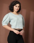 Sea Green collarless Buttoned Top