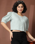 Sea Green collarless Buttoned Top