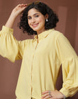 Yellow Solid Casual Buttoned Top