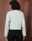 Sea Green collarless full sleeve Buttoned Top