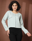 Sea Green collarless full sleeve Buttoned Top