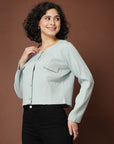 Sea Green collarless full sleeve Buttoned Top