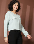 Sea Green collarless full sleeve Buttoned Top
