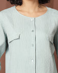 Sea Green collarless full sleeve Buttoned Top