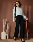 Sea Green collarless full sleeve Buttoned Top
