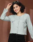 Sea Green collarless full sleeve Buttoned Top