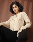 Beige collarless full sleeve Buttoned Top