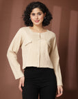 Beige collarless full sleeve Buttoned Top