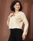 Beige collarless full sleeve Buttoned Top