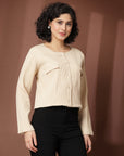 Beige collarless full sleeve Buttoned Top