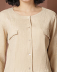 Beige collarless full sleeve Buttoned Top