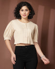 Beige collarless Buttoned Top