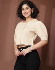 Beige collarless Buttoned Top