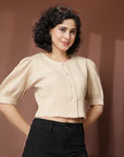 Beige collarless Buttoned Top
